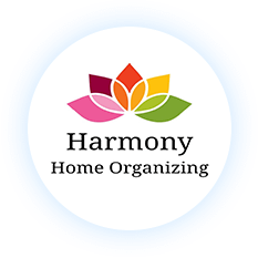 Business logo representing a multicolor lotus flower with the company name "Harmony Home Organizing" written underneath.
